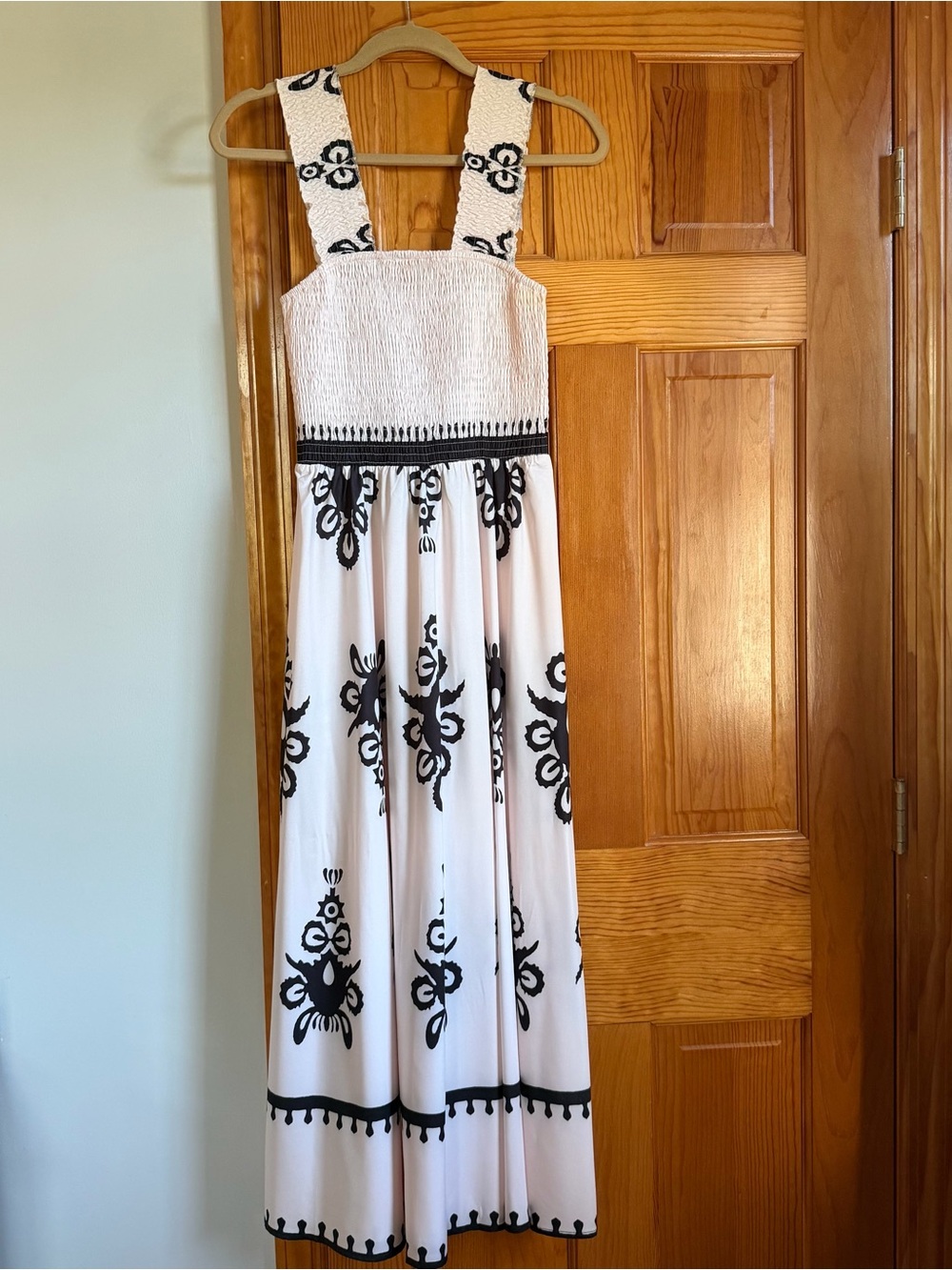 White and Black Patterned Smocked Sundress
